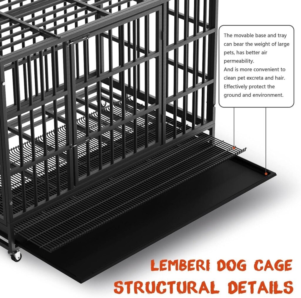 LEMBERI 48/38 inch Heavy Duty Indestructible Dog Crate, Escape Proof Dog Cage Kennel with Lockable Wheels,High Anxiety Double Door,Extra Large Crate Indoor for Large Dog with Removable Tray