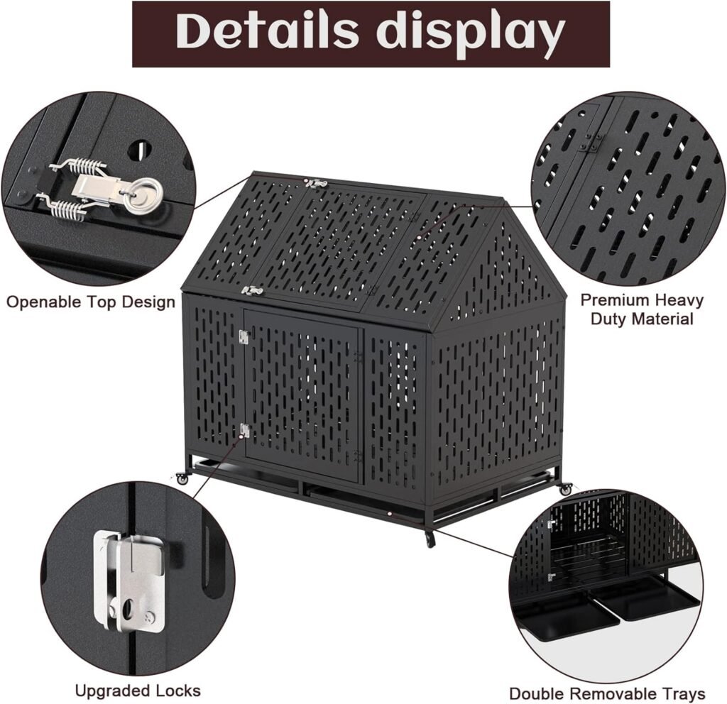 Snimoy Heavy Duty Dog Crate Dog Cage, 45 Indestructible Metal Dog Kennel Lockable for Medium Large Dogs with Sturdy Door Lock and Removable Trays, Roof Top Access
