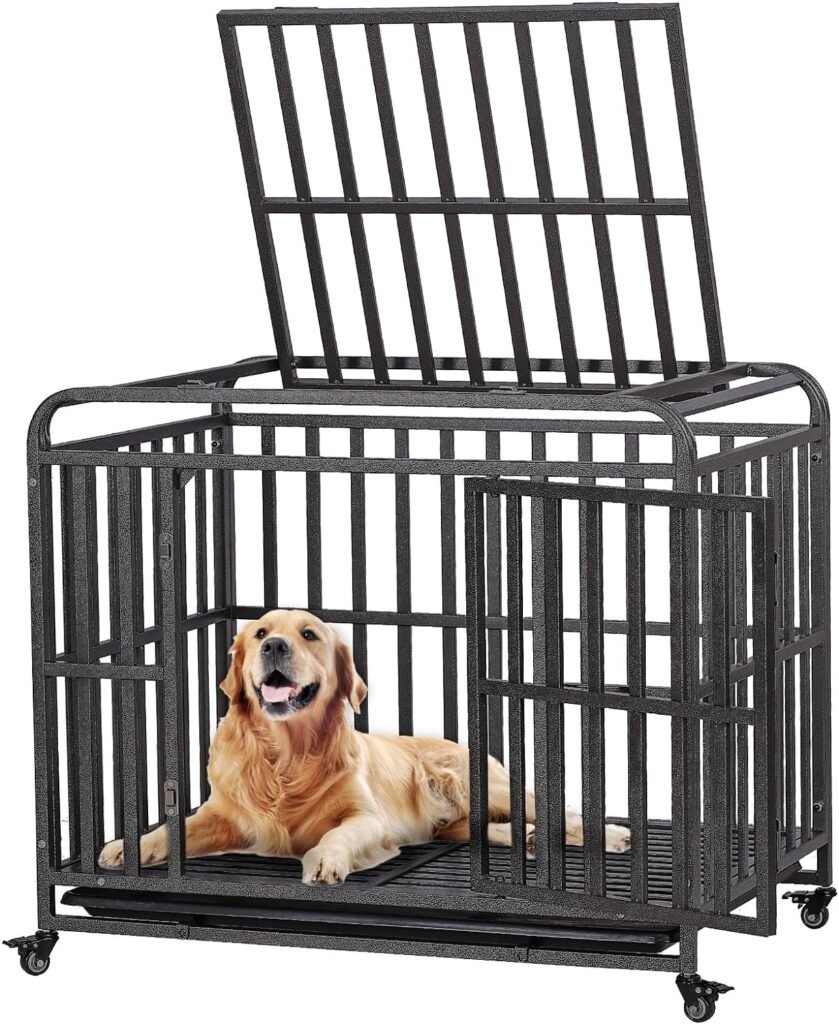 38 Inch Heavy Duty Dog Crate Steel Dog Crate,Escape-Proof Double Door Dog Kennel with 360°Lockable Wheels, Dome Design, Removable Tray,High Anxiety Pet Cage for Small Medium Dogs (Silver Gray)