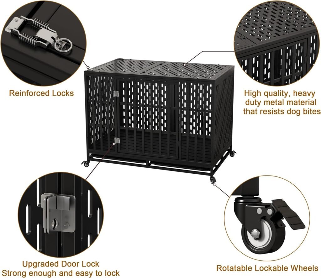 Espsilto 48 Heavy Duty Dog Crate Metal Dog Kennel with Lockable Wheels and Top Access, Indestructible Dog Cage for Medium Large Dog with Sturdy Door Locks and Removable Trays