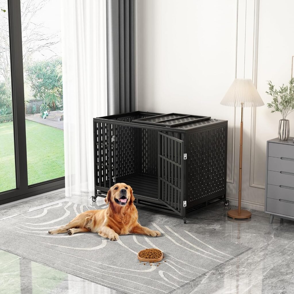 Espsilto 48 Heavy Duty Dog Crate Metal Dog Kennel with Lockable Wheels and Top Access, Indestructible Dog Cage for Medium Large Dog with Sturdy Door Locks and Removable Trays