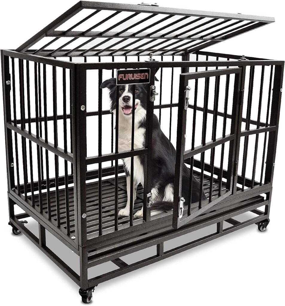 37 Inch Indestructible Dog Crate Heavy Duty Dog Kennel Steel Dog Cage with Wheels, Escape Proof Dog Kennel and Crate for Large Dogs, Extra Large Dog Crates Indoor with Sturdy Lock  Removable Tray
