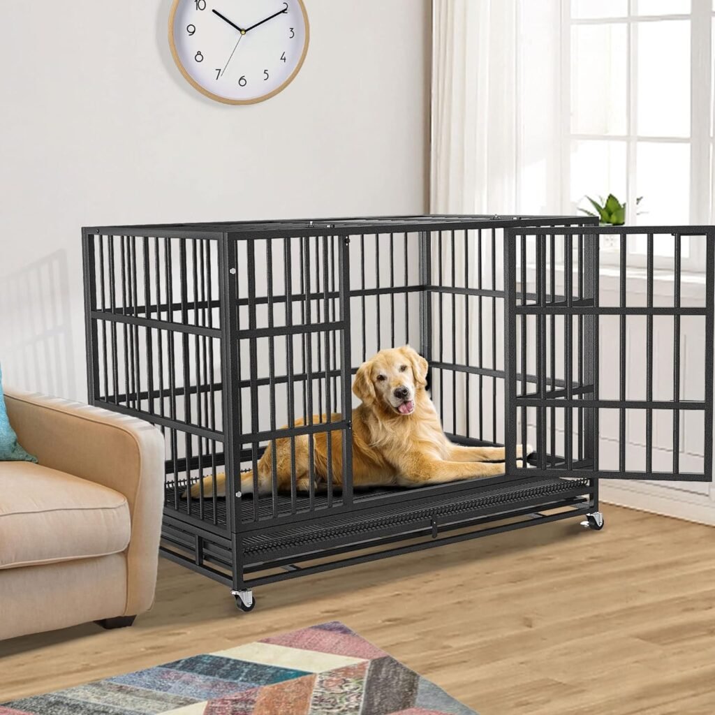 54/48/42/38 inch Heavy Duty Indestructible and Escape-Proof Dog Crate Cage Kennel for Large Dogs, High Anxiety Dog Crate with Removable Crate Trays, Wheels and Double Door, Extra Large XL XXL