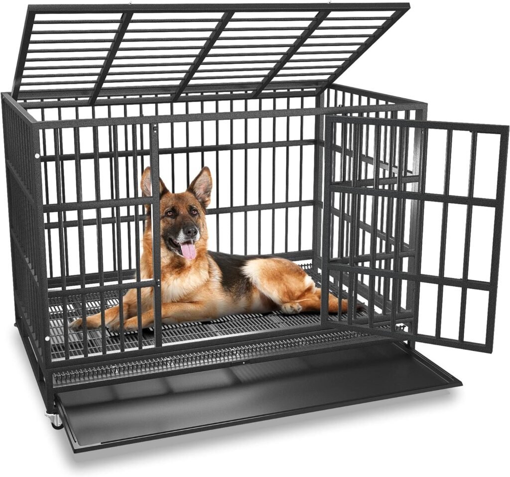 54/48/42/38 inch Heavy Duty Indestructible and Escape-Proof Dog Crate Cage Kennel for Large Dogs, High Anxiety Dog Crate with Removable Crate Trays, Wheels and Double Door, Extra Large XL XXL