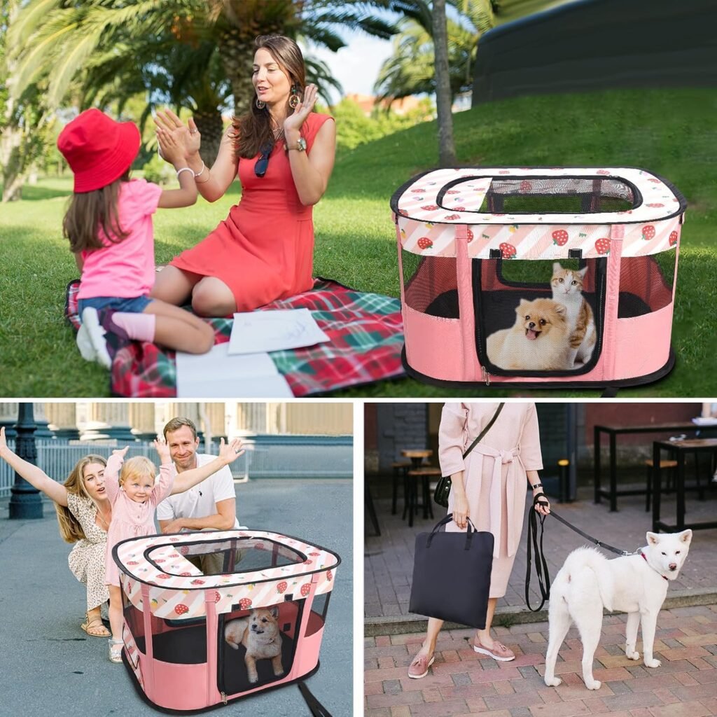 Carroza Portable Foldable Pet Playpen Collapsible Crates Kennel Playpen for Dog cat and Rabbit Travel playpen Outdoor or Indoor (M, Pink)