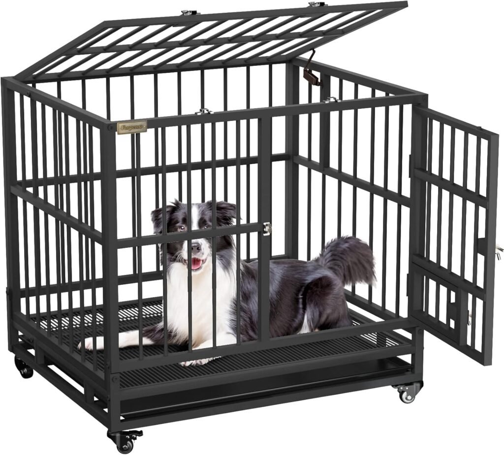 Furpezoo® Heavy Duty Indestructible Dog Crate,38 inch Large Dog Kennel with Feeding Door,Escape Proof Dog Cage with 4 Lockable Wheels,High Anxiety Dog Crate with Removable Tray,Outdoor Dog Kennel
