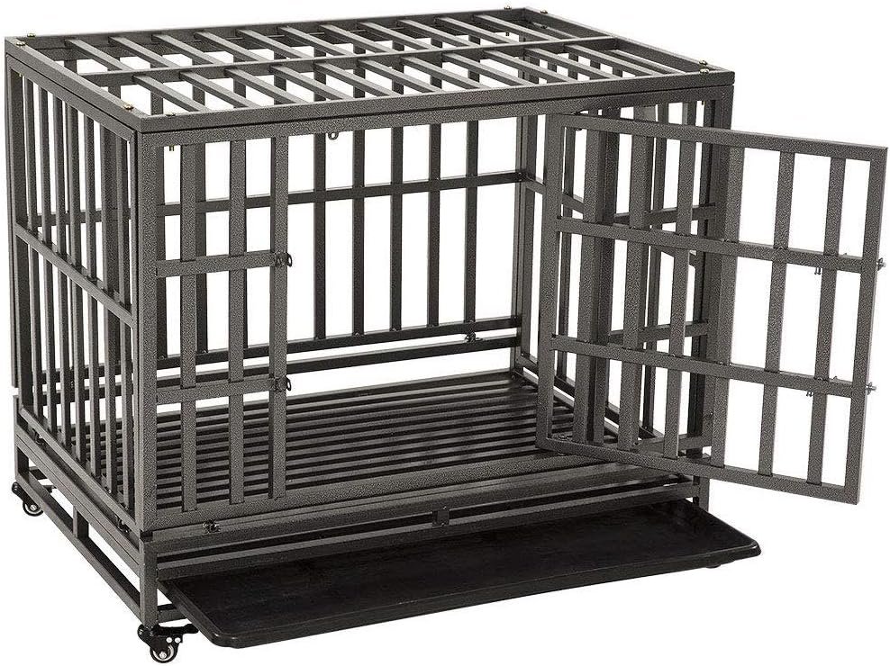 KELIXU 38 Heavy Duty Dog Crate Ultra-High Hardness Enhanced Steel Pet Kennel Playpen with Two Prevent Escape Lock, Large Dogs Cage with Four Wheels, Upgraded, Black