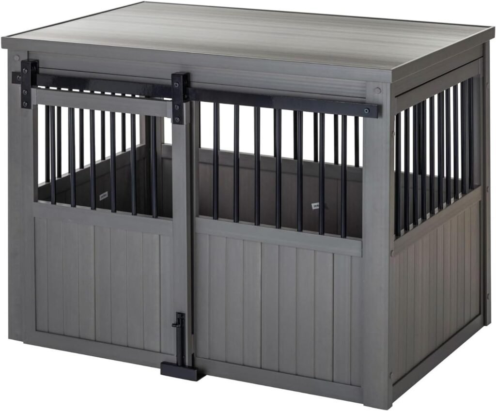 New Age Pet® ECOFLEX® Homestead Sliding Barn Door Furniture Style Dog Crate -Grey, Large (EHDBC15-05L) - Stylish, Durable, Removable Cushions, Easy to Assemble.