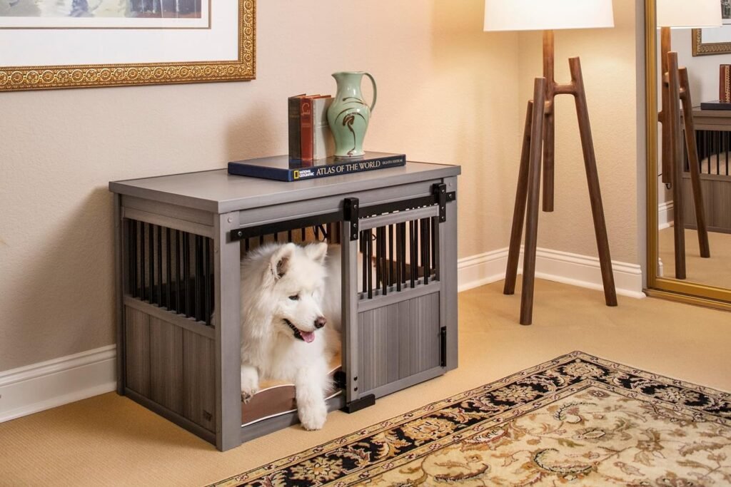 New Age Pet® ECOFLEX® Homestead Sliding Barn Door Furniture Style Dog Crate -Grey, Large (EHDBC15-05L) - Stylish, Durable, Removable Cushions, Easy to Assemble.