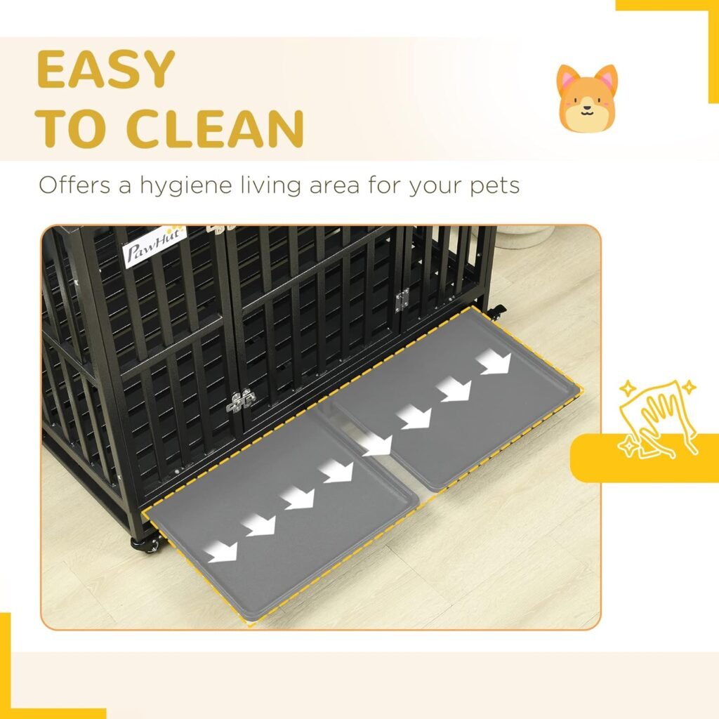 PawHut Heavy Duty Dog Crate Metal Kennel and Cage Dog Playpen with Lockable Wheels, Slide-Out Tray and Anti-Pinching Floor 45