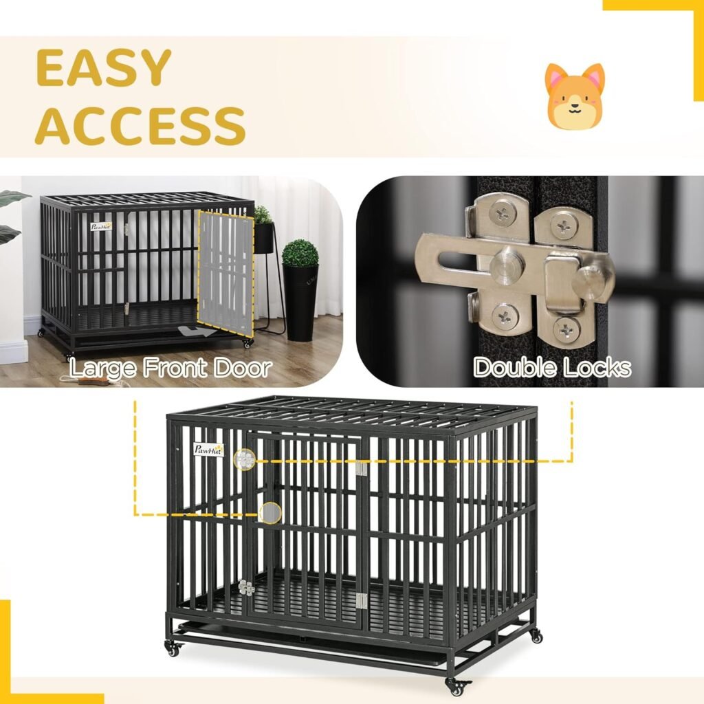 PawHut Heavy Duty Dog Crate Metal Kennel and Cage Dog Playpen with Lockable Wheels, Slide-Out Tray and Anti-Pinching Floor 45