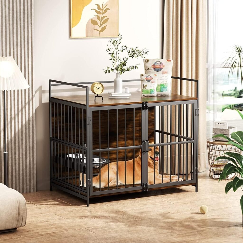 ROOMTEC Furniture Style Large Dog Crate with 360°  Adjustable Raised Feeder for Dogs 2 Stainless Steel Bowls -End Table House Pad, Indoor Use,41 L X 24 W 36 H, Classic Brown