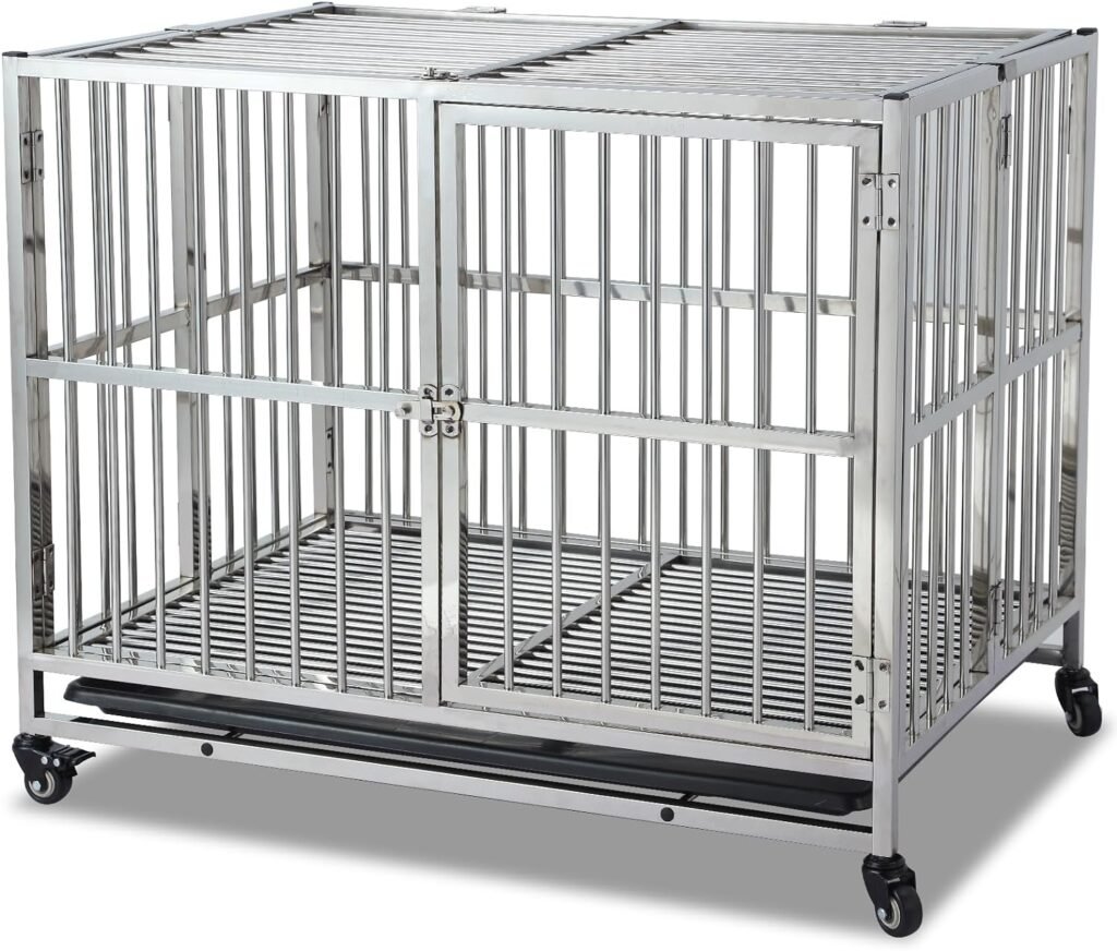 38 Heavy Duty Indestructible Dog Crate Steel Escape Proof Dog Cage Kennel for Small Medium Large Dogs Indoor Double Door High Anxiety Dog Crate with Wheels, Lock Removable Tray, (Silver)