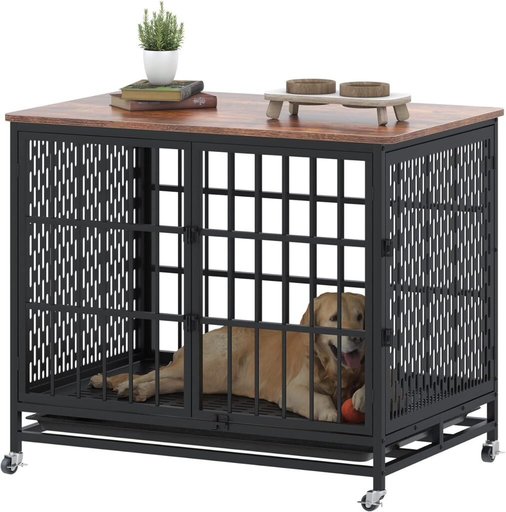 BOINN 42 inch Extra Large Dog Crate Furniture With Removable Trays, 3 Doors, 4 Wheels  5 Locks - For Medium and Large Dogs