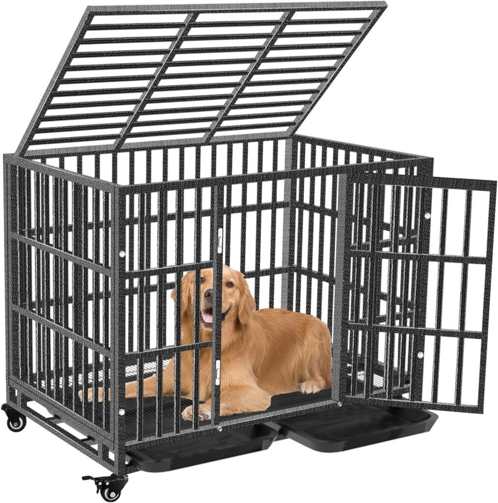 Heavy Duty Dog Crate - for Large Dog Indestructible Pet Cage Indoor/Outdoor Strong Metal Kennel with Lockable Wheels Double Doors and Removable Trays(42inch)