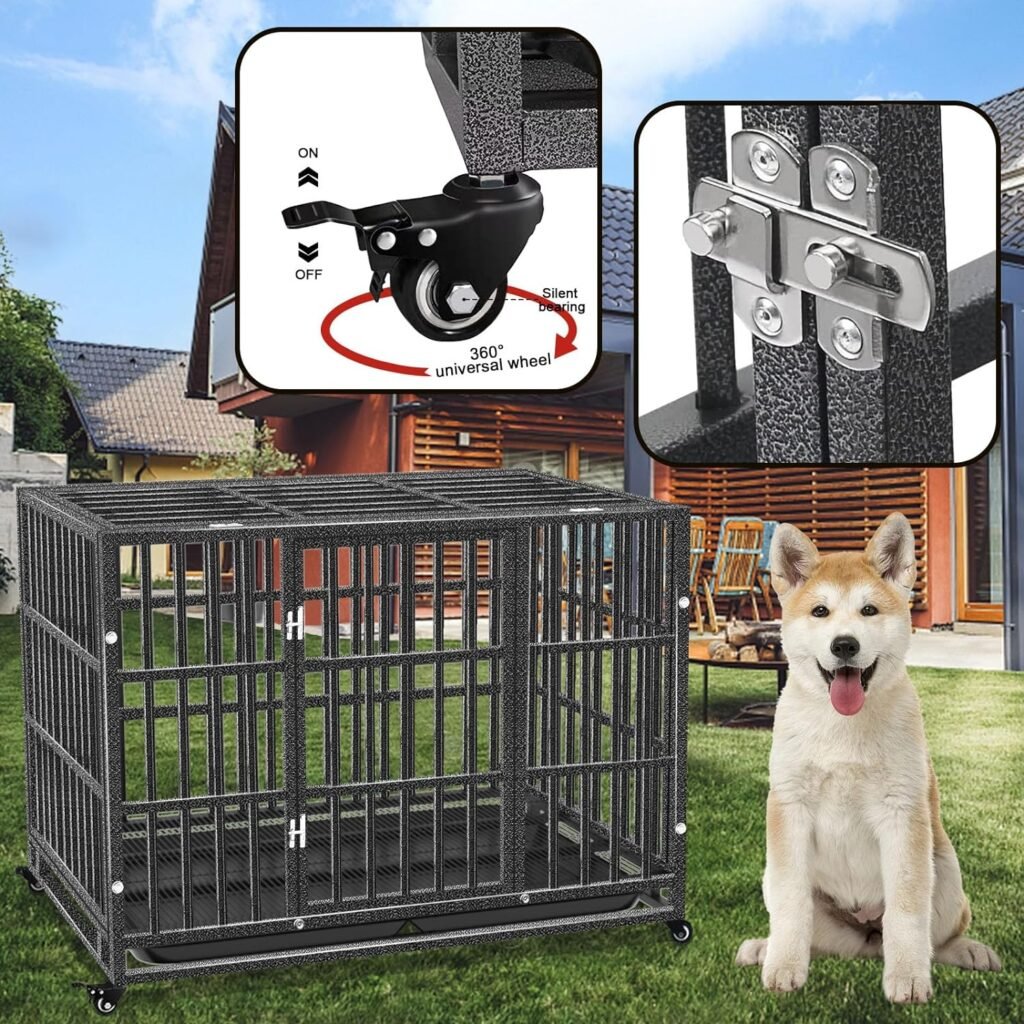 Heavy Duty Dog Crate - for Large Dog Indestructible Pet Cage Indoor/Outdoor Strong Metal Kennel with Lockable Wheels Double Doors and Removable Trays(42inch)