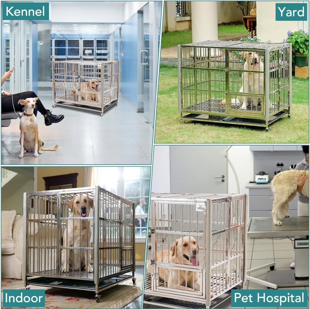 Heavy Duty Indestructible Dog Crate Kennel 42 Inch Collapsible Dog Kennel Furniture Dog Indoor High Anxiety Dog Crate Large Breed Medium Indoor Stainless Steel Escape Proof Dog Crate