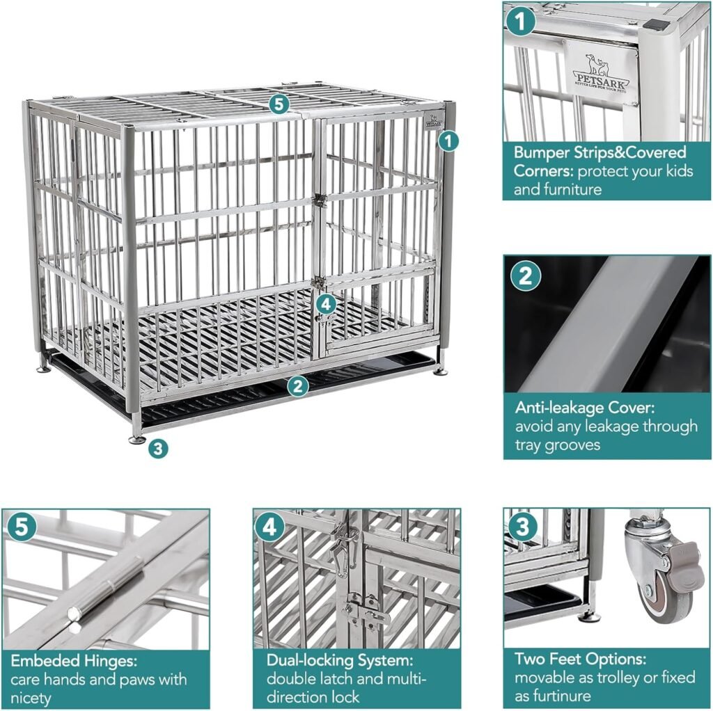 Heavy Duty Indestructible Dog Crate Kennel 42 Inch Collapsible Dog Kennel Furniture Dog Indoor High Anxiety Dog Crate Large Breed Medium Indoor Stainless Steel Escape Proof Dog Crate