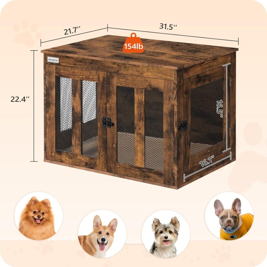 MAHANCRIS Dog Crate Furniture with Cushion, Heavy Duty Dog Kennel with Double Doors, Decorative Wooden Pet House End Side Table, Indoor Dog Cage for Small Medium Dogs, Rustic Brown DCHR2601