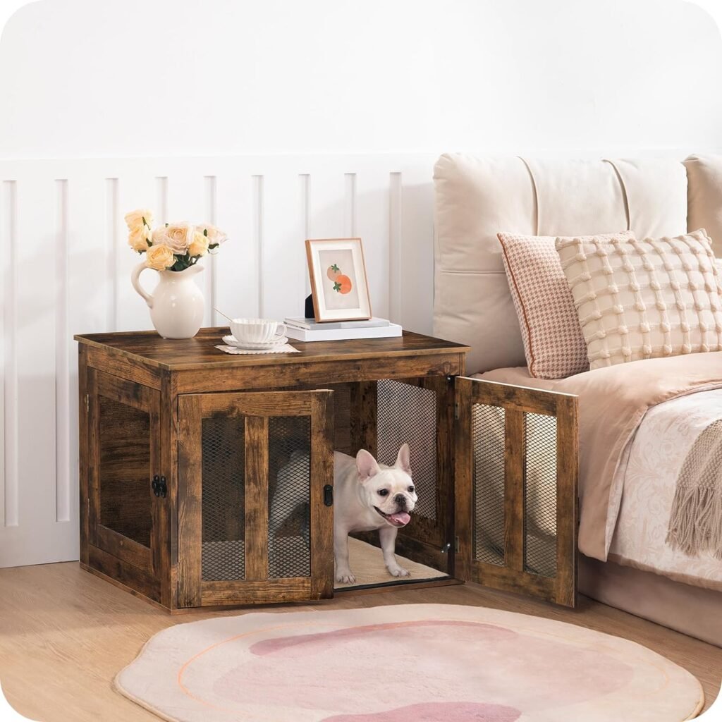 MAHANCRIS Dog Crate Furniture with Cushion, Heavy Duty Dog Kennel with Double Doors, Decorative Wooden Pet House End Side Table, Indoor Dog Cage for Small Medium Dogs, Rustic Brown DCHR2601