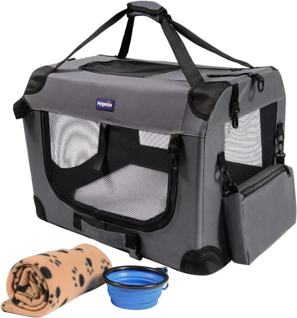 Petprsco Portable Dog Cratea, Collapsible Dog Travel Crate 32x23x23 with Soft Blanket Foldable Bowl and a Poop Bag with Dispenser for Medium  Large Dogs