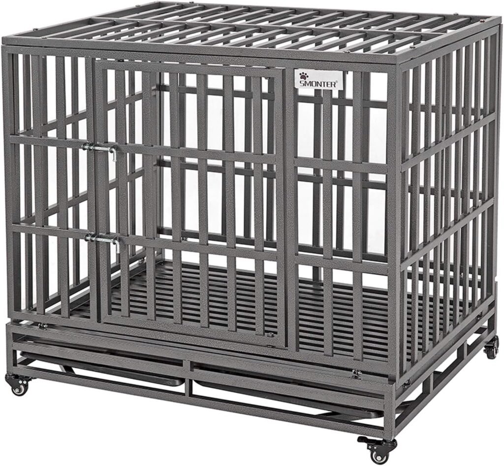 SMONTER 42 Heavy Duty Dog Crate Strong Metal Pet Kennel Playpen with Two Prevent Escape Lock, Large Dogs Cage with Wheels, Dark Silver …