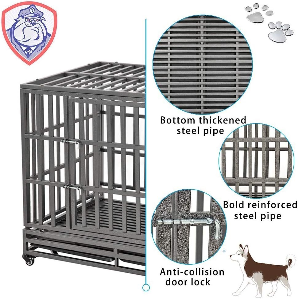 SMONTER 42 Heavy Duty Dog Crate Strong Metal Pet Kennel Playpen with Two Prevent Escape Lock, Large Dogs Cage with Wheels, Dark Silver …