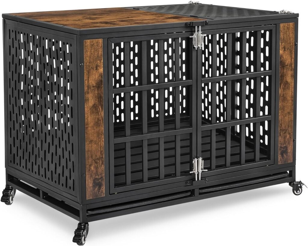 42 Inch Heavy Duty Dog Cage Furniture for Large Dogs with Lockable Wheels, Metal Medium Kennel Indoor with Removable Tray