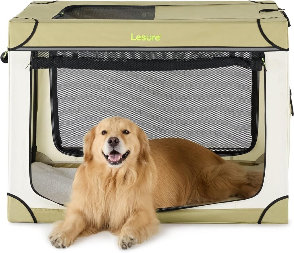 Lesure Soft Collapsible Dog Crate - 42 Inch Portable Travel Dog Crate for Extra Large Dogs Indoor  Outdoor, 4-Door Foldable Pet Kennel with Durable Mesh Windows (Beige)