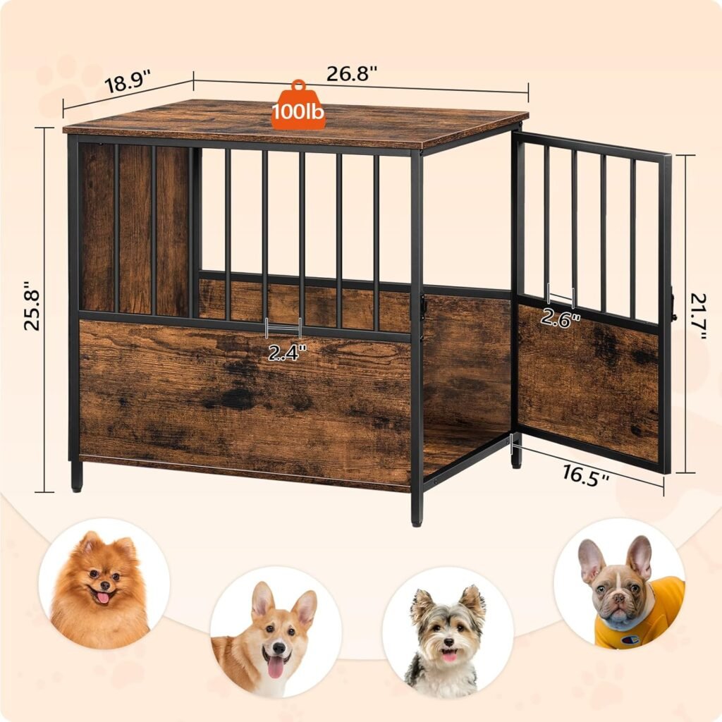 Dog Crate Furniture, Wooden Dog Kennel for Small Medium Dogs, Heavy Duty Dog Cage with Lockable Door, Decorative Indoor Dog House End Table, Chew-Resistant, Rustic Brown DCHR6601