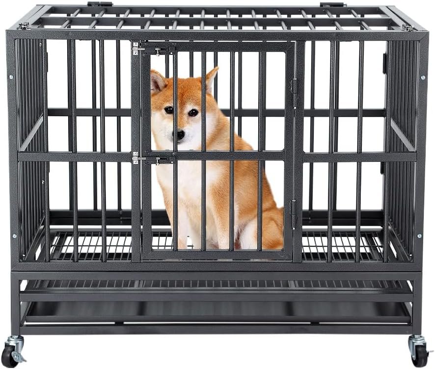 36 inch Heavy Duty Indestructible Dog Crate Steel Escape Proof,Indoor Dog House High Anxiety Cage, Kennel with Wheels,Removable Tray