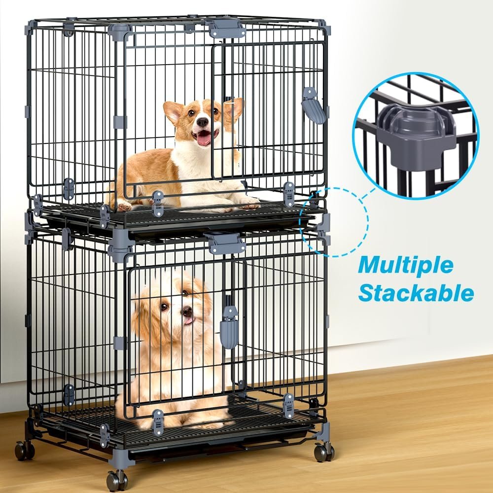 Heavy Duty Dog Crate with Wheels, Easy to Assemble Medium Dog Kennel Dog Playpen with Double Door and Drawer Leak-Proof Tray, Multiple Stackable Thick Sturdy Carbon Steel Pet Cage，Black 24 inch