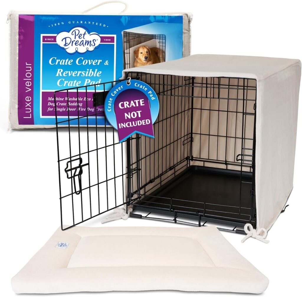 Pet Dreams Dog Crate Cover  Dog Crate Pad Set, Fits 24 inch Crate Covers for Dog Cages, Dog Kennel Cover is Breathable, Dog Cage Cover  Dog Mat are Washable, Small Ivory fits Single Door iCrate